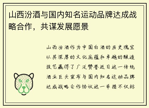 山西汾酒与国内知名运动品牌达成战略合作，共谋发展愿景