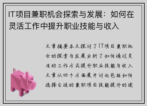 IT项目兼职机会探索与发展：如何在灵活工作中提升职业技能与收入