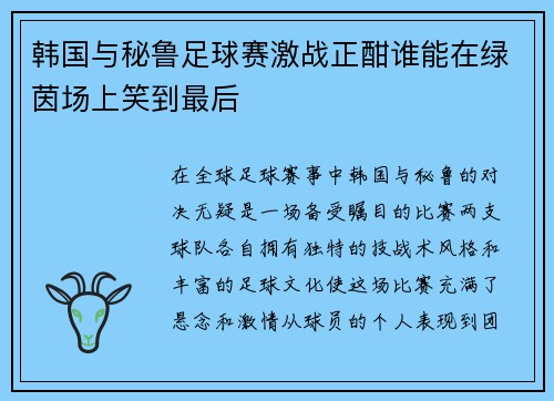 韩国与秘鲁足球赛激战正酣谁能在绿茵场上笑到最后