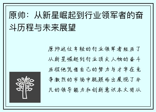 原帅：从新星崛起到行业领军者的奋斗历程与未来展望