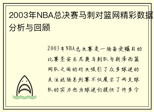 2003年NBA总决赛马刺对篮网精彩数据分析与回顾