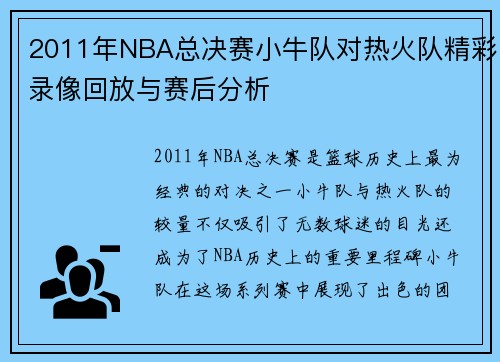 2011年NBA总决赛小牛队对热火队精彩录像回放与赛后分析
