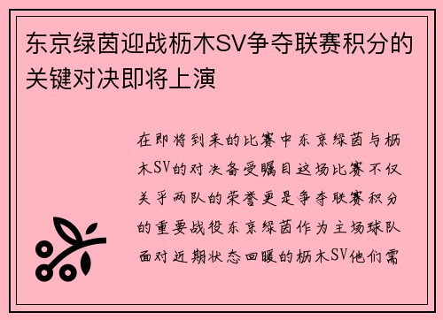 东京绿茵迎战枥木SV争夺联赛积分的关键对决即将上演