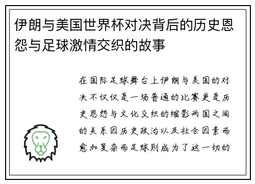 伊朗与美国世界杯对决背后的历史恩怨与足球激情交织的故事