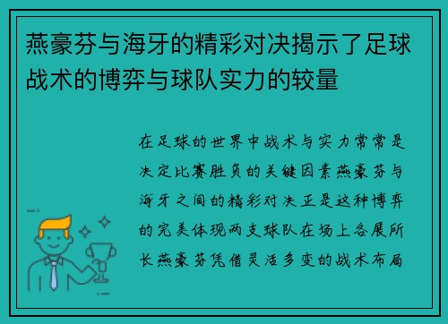 燕豪芬与海牙的精彩对决揭示了足球战术的博弈与球队实力的较量
