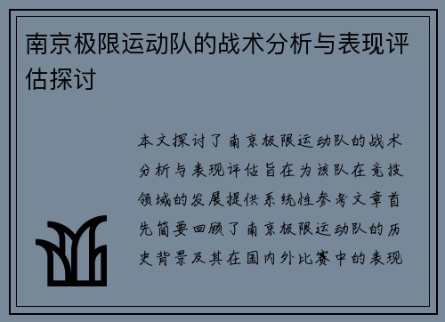 南京极限运动队的战术分析与表现评估探讨