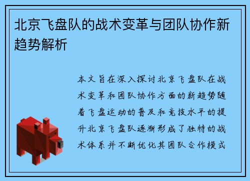北京飞盘队的战术变革与团队协作新趋势解析
