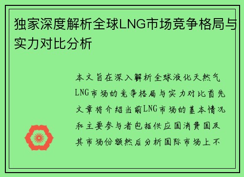 独家深度解析全球LNG市场竞争格局与实力对比分析