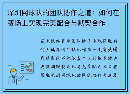 深圳网球队的团队协作之道：如何在赛场上实现完美配合与默契合作