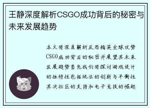 王静深度解析CSGO成功背后的秘密与未来发展趋势