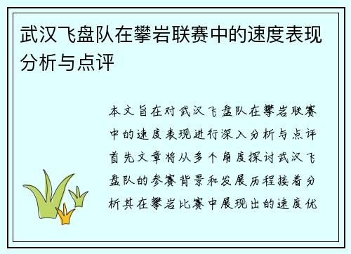 武汉飞盘队在攀岩联赛中的速度表现分析与点评