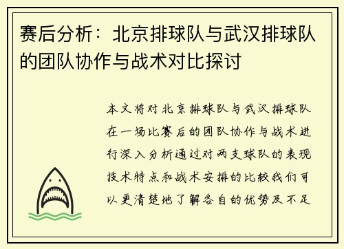 赛后分析：北京排球队与武汉排球队的团队协作与战术对比探讨
