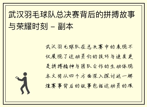 武汉羽毛球队总决赛背后的拼搏故事与荣耀时刻 - 副本