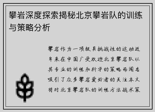 攀岩深度探索揭秘北京攀岩队的训练与策略分析