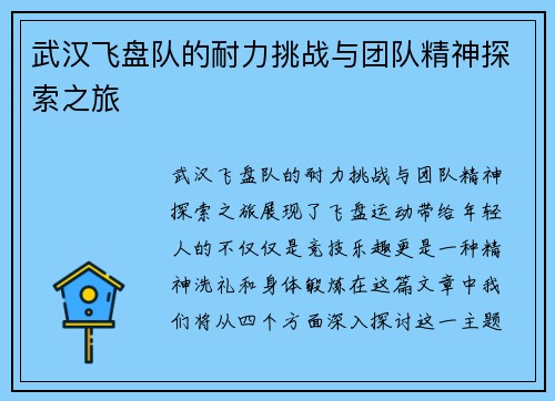 武汉飞盘队的耐力挑战与团队精神探索之旅